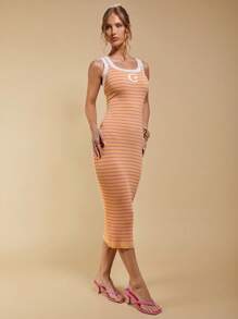 COSMINA Women's Casual Orange Midi Sweater Dress: Sleeveless Scoop Neck Rib-Knit Striped Knitwear Pencil Dress