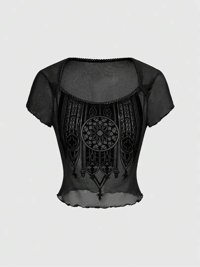 Goth Camiseta de malla transparente con cruz en terciopelo, elegante y gótica para fiesta de graduación'