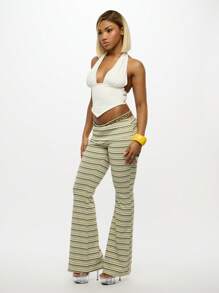 SUMWON WOMEN 翻边腰喇叭裤 Y2K 复古条纹针织裤喇叭裤舞蹈瑜伽阔腿节夏季沙滩裤 - 彩色 - 查看 4