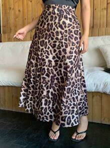 Dazy Plus Leopard Print Long A-Line Skirt, Elegant All Season Fall Skirts - Brown - View 5