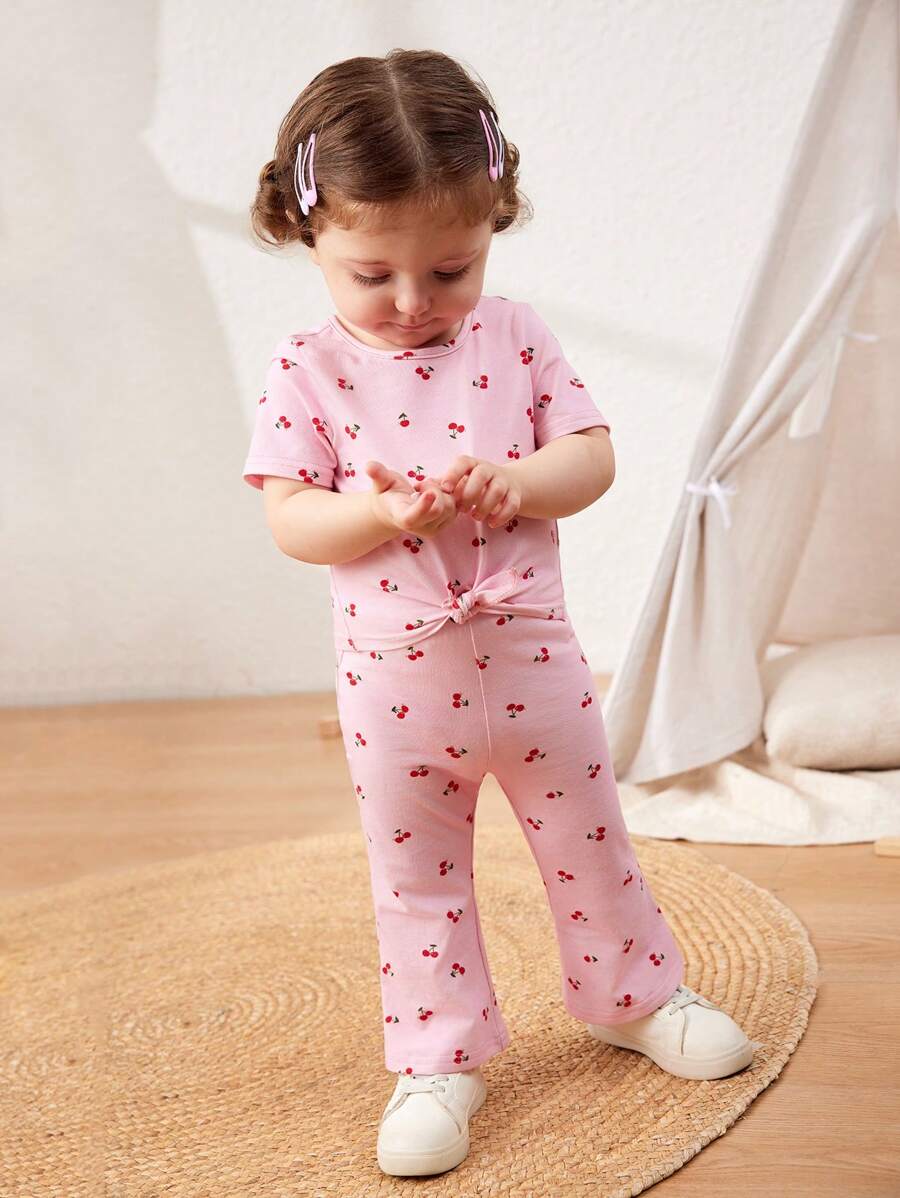 Cozy Pixies Baby Girl Floral Print Knitted Soft Round Neck Short Sleeve Pullover Top And Flared Pants 2 Pieces Set - Multicolor - View 1