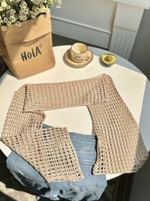 Comfortcana Plus Size Women's Solid Color Long Sleeve Plus Size Mesh Hollow Cropped Sweater Winter Fall Autumn - Khaki - View 1