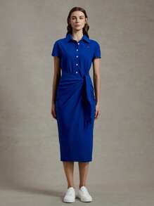 Briarwyn Abito di media lunghezza elegante da donna, di colore unito intessuto, con collo alla coreana, maniche corte, attillato, adatto per l'estate, abito casual elegante, camicetta con fiocco davanti per l'ufficio - Blu Navy - Visualizzare 4