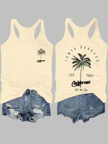 SHEIN LUNE CALIFORNIA 女式休闲度假海滩棕榈树图案背心，适合夏季