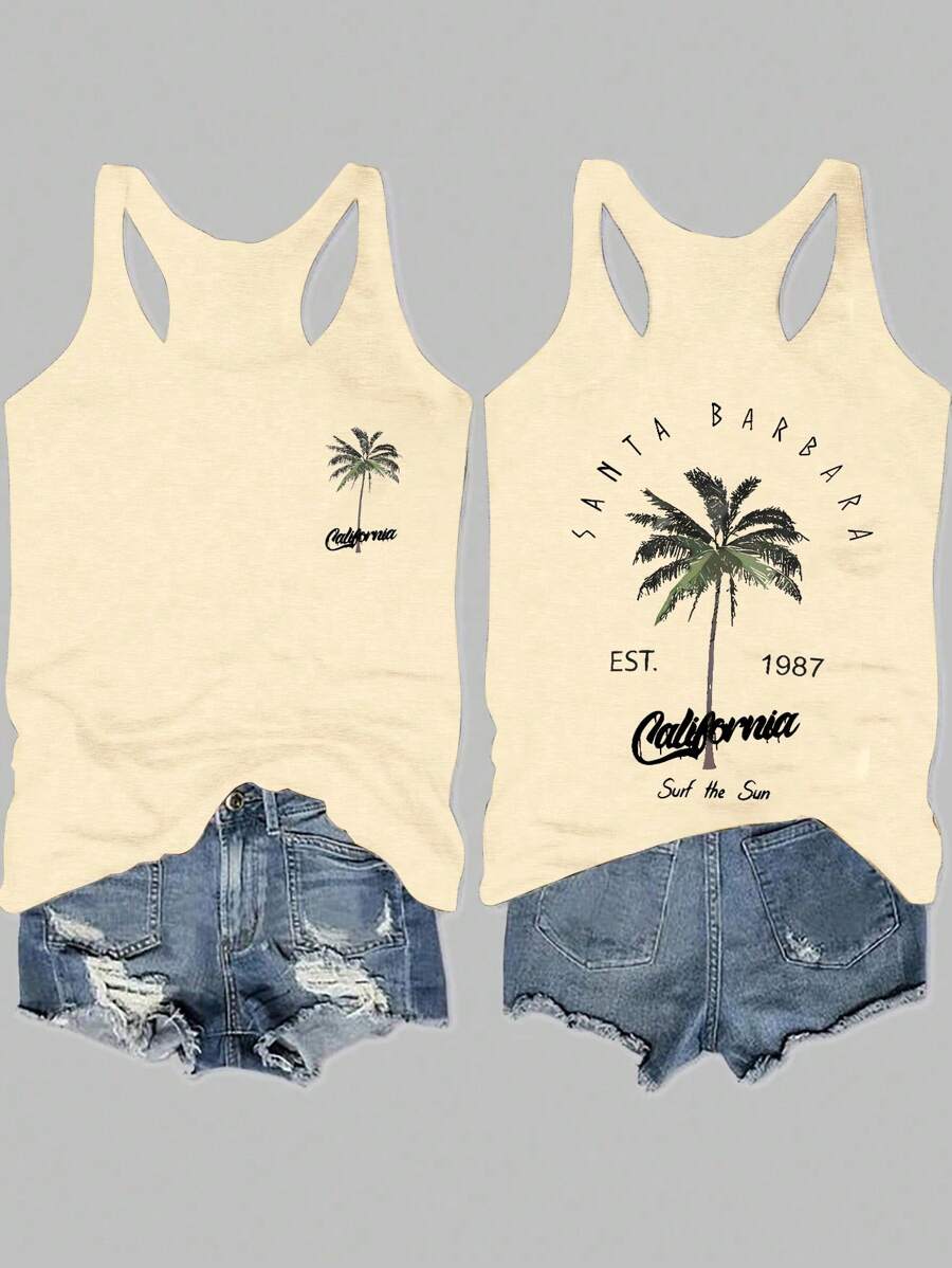 SHEIN LUNE CALIFORNIA 女式休闲度假海滩棕榈树图案背心，适合夏季