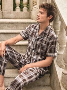 EverLounge Conjunto de pijamas xadrez confortável e respirável para homens, roupa de casa casual - Castanho Café - Ver 3