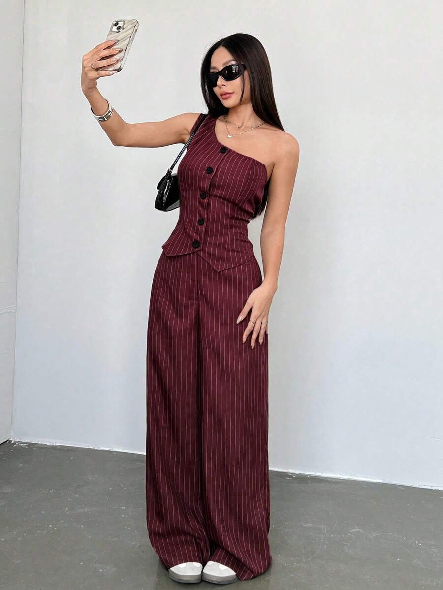 SHEIN Unity 2 件套女士休闲卡其色条纹不对称肩部设计 - 酒紅色 - 查看 1