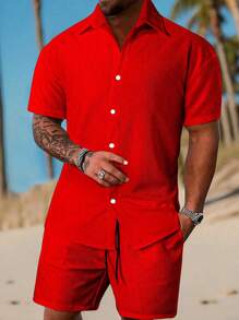 Manfinity Homme Men Solid Button Up Shirt & Drawstring Waist Shorts - Red - View 1