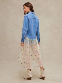 WESTFADE Western Cowgirl Mixed Media Denim & Spring Floral Embroidered Sheer Woven Collared Button Front Long Sleeve Maxi Shirt Jacket Summer Beach Vacation - Light Wash - View 3