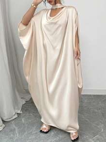 Celure Plus Size Woven Fabric Crinkle Elegant Quality Loose Flare Collar Long Tie Batwing Sleeve Dress For Women