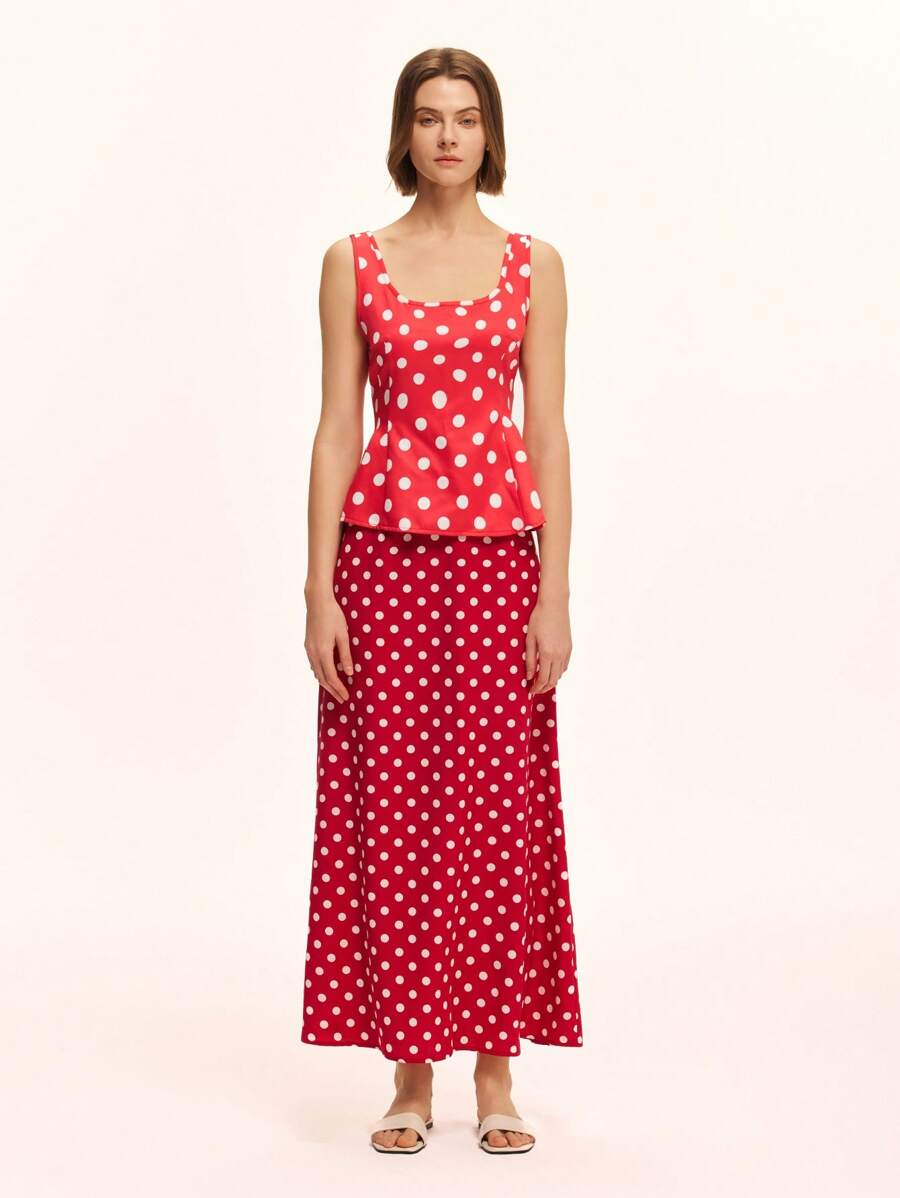 Chiquease Elegant French Red Polka Dot Elastic Waist Flared Skirt, Suitable For Vacation Or Commute, Spring/Summer New Arrival - Red - View 1