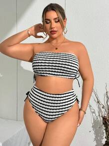 Swim Chiccia Bộ đồ bơi gợi cảm và thanh lịch cỡ lớn 2 món cho nữ áo yếm sọc đen trắng kết cấu và quần cạp cao buộc dây bên hông - Đen và trắng - Xem 6