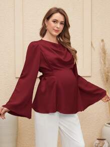 SHEIN Elegant Solid Color Maternity Tie-Back Flare Sleeve Shirt