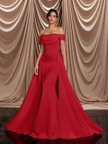 Glamrae 优雅奢华的象牙色露肩领口搭配精致珍珠，后肩带褶饰鱼尾可拆卸层叠层叠连衣裙，适合婚礼仪式和婚礼，新娘 - 紅色 - 查看 5