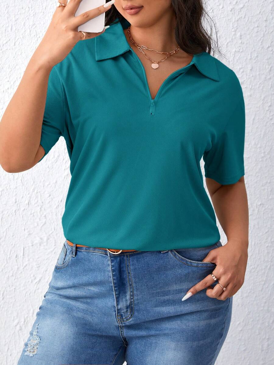 SHEIN Essnce Plus Size Casual Versatile Solid Color Short Sleeve T-Shirt,Business Casual Woman - Blue - View 1