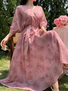 DAZY Full Floral V-Neck Lantern Sleeve Long Dress For Ladies - Pink - View 3