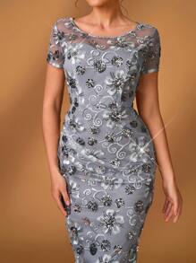 Serin 夏季优雅华丽灰色亮片刺绣圆领小短袖褶皱裹身中长款连衣裙，适合晚宴、约会、音乐节、舞蹈、假日、婚礼、新娘、母亲、情人节等场合。 - 藕粉色 - 查看 1