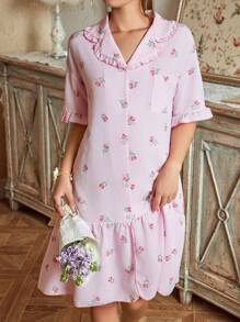 CottageSlumber 女士翻领短袖单纽扣花卉印花睡袍娃娃裙，完美夏季