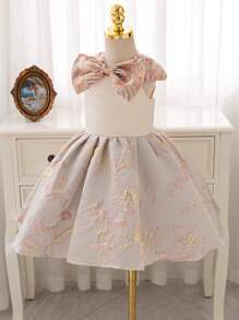 Toddler Girls Floral Satin Princess Dress, Suitable For   Partywear, New Year Party, Wedding, Christmas, With Bowknot Accent, All Season