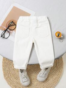 SHEIN Playful Pals Baby Boys' Casual Soft Washed Distressed Stretchy Basic Denim Pants, Thin, Suitable For All Seasons - White - View 2