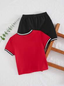 Cozy Pixies Set 2pcs Baju Bayi Laki-laki Rajut Lembut Motif Huruf Leher V Lengan Pendek & Celana Pendek Pinggang Elastis - MultiWarna - View 2
