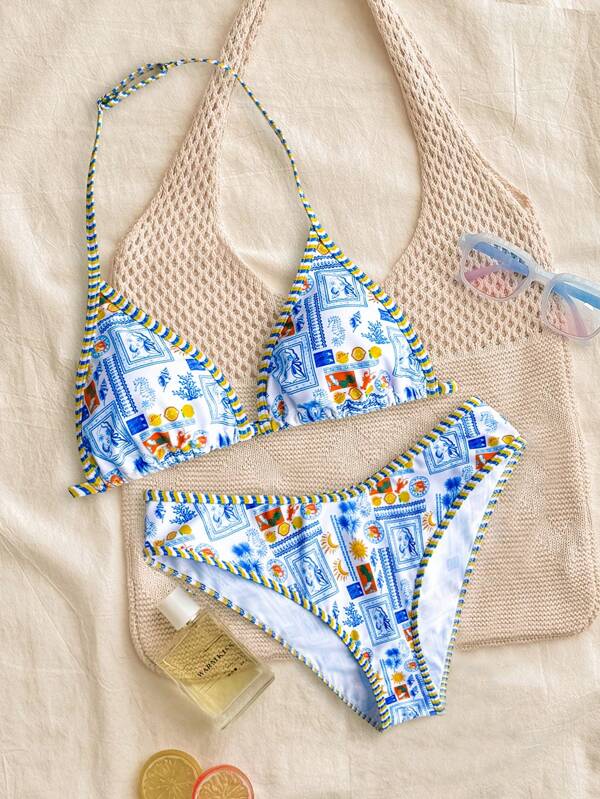 SHEIN Teen Girls 2pcs/Set Seaside Vacation Blue And White Summer Random Color Print Spaghetti Strap Top & High Cut Bikini Bottom Set,Summer Beach, Suitable For Summer