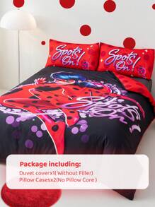 Miraculous Ladybug X SHEIN Cartoon Polka Dot Letter Print Soft And Warm, Simple Bedding Duvet Covers Set