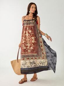 Florisole 女式复古乡村风格花卉印花流苏装饰吊带裙 - 紅色 - 查看 5