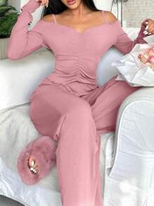 性感露肩针织上衣和裤子女士家居休闲套装舒适保暖，秋冬服装 - 藕粉色 - 查看 4