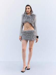 LYSMO Women's Light Grey Shaggy Mini Skirt: Chic And Playful Polyester Party Skirt With Ruched Detailing For A Stylish Night Out - Light Grey - View 3