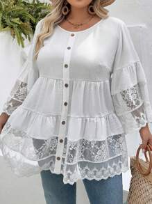 SHEIN CURVE+ Plus Size Women's 3/4 Sleeve Lace Patchwork Loose White Shirt, Suitable For Casual Vacation, Boho Beach - White - View 6