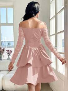 Modelyn Women's Solid Color Off Shoulder Ruched Long Sleeve Ruffle Hem Elegant Mid-Length Dress - Pink - View 2
