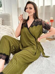 SHEIN Contrast Lace Patchwork Open Shoulder Tie-Side Short Sleeve Top & Long Pants Lounge Wear Pajama Set For Plus Size Women, Outfits - Green - View 3