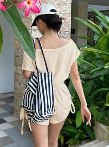 DAZY 2pcs Women Summer Casual Solid Color Oblique Shoulder T-Shirt And Side Drawstring Shorts Set - Beige - View 8