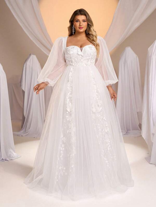Glamrae Große Größen Langarm A-Linien Brautkleid mit Blumenmuster-Mesh und voluminösem Rock
