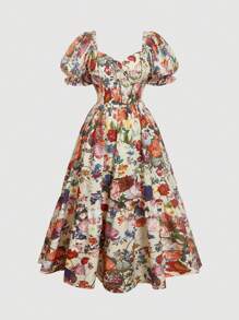 SHEIN MOD Vestido fluido de estilo vintage palaciego con cuello cuadrado y estampado, perfecto para vacaciones y atuendos de fiesta, talla grande