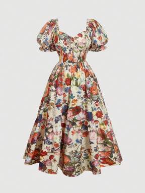 SHEIN MOD Plus Size Vintage Palace Style Printed Square Neck Flowy Dress, Perfect For Vacation And Party Outfit.Plus Size Dresses Summer.Tea Party Dress Women,Beach Dress Sundress,Holiday Outfits Boho