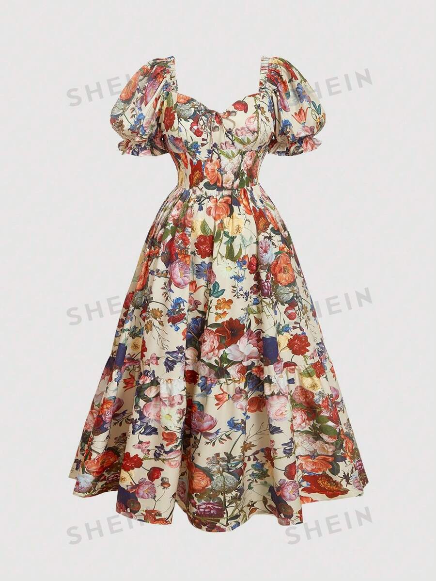 SHEIN MOD Vestido fluido de estilo vintage palaciego con cuello cuadrado y estampado, perfecto para vacaciones y atuendos de fiesta, talla grande
