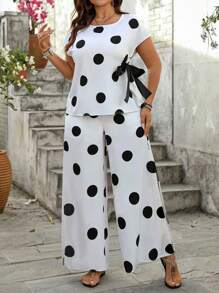 Breezaya 2 件大码女式编织纯色和波尔卡圆点蝴蝶结 T 恤和宽松阔腿裤套装，休闲优雅春夏 - 黑與白 - 查看 5