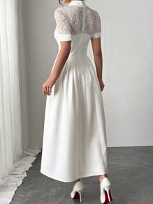 Firerie Elegant Minimalist Delicate Romantic Commute & Daily Vacation Outfits Woman Lace Patchwork Puff Sleeve Gathered Waist Mid-Calf White Dress, For Women - White - View 5