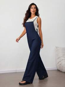 SHEIN Tall Women's Casual Loose Sleeveless Blue Denim Bib Pants And Jumpsuit Straight-Leg Suspender Jumpsuit For Women Jumpsuits For Woman Elegant
