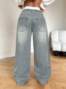 SHEIN Tall 女士牛仔裤低腰直筒裤双腰直筒裤拼接直筒裤高腰女士牛仔裤情人节女士夏季婚礼嘉宾女士宽松牛仔裤 - 淺色水洗藍 - 查看 2