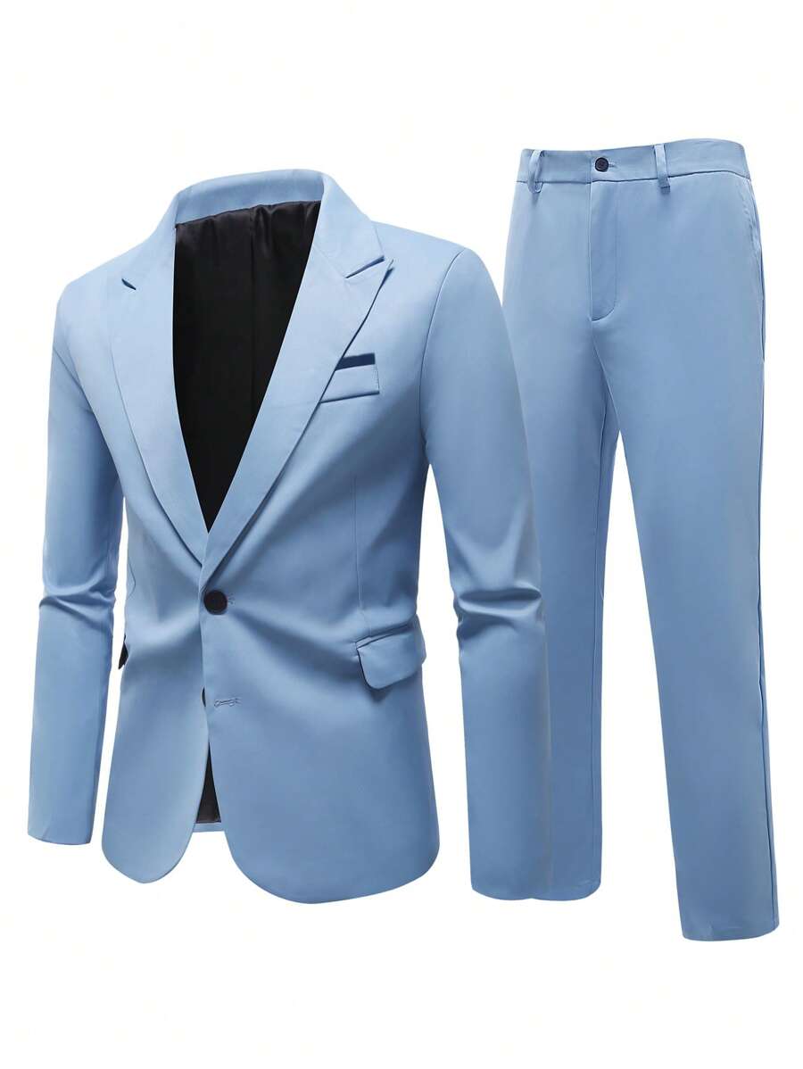Manfinity Mode Men's Casual/Business Solid Color Jacket And Pants Suit - Blue - View 1