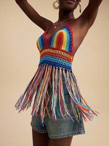 Travachic Women's Vacation Tassel Hem Halter Neck Rainbow Striped Cover-Up Top,Crochet Tops,Summer For Women,Beachwear,Easter,Beach For Woman,Spring Break,Vacation Women,Concert Women,BOHO,Bohemia,Music Festival,Tropical Vacation Woman - Multicolor - View 6