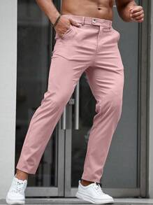 Manfinity Homme Men's Pink Cropped Suit Pants: Woven Fabric Dress Pants With Zipper Detail