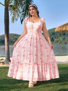 SHEIN MOD Váy suông chiffon in họa tiết hoa ombre cỡ lớn cho nữ - Hồng - Xem 7