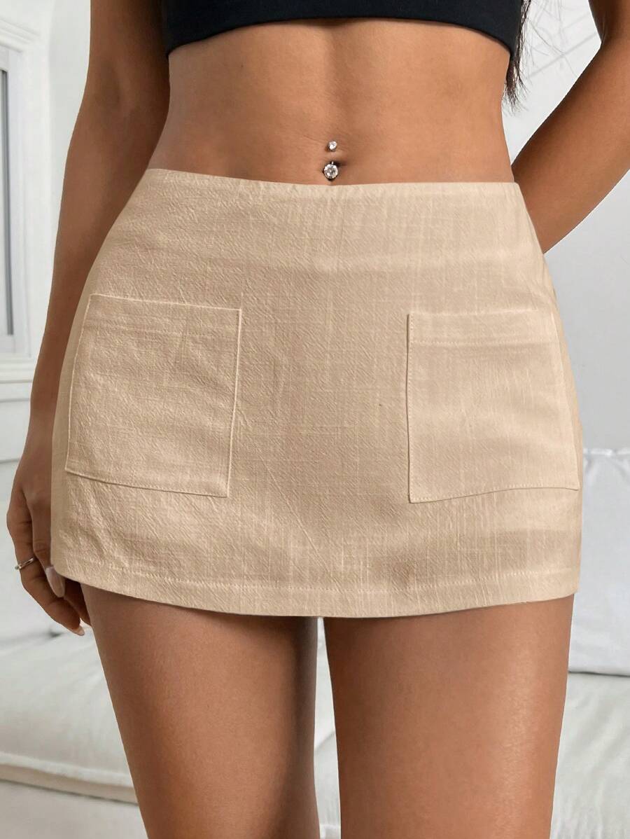 Muchica 女士低腰亚麻双口袋迷你裙