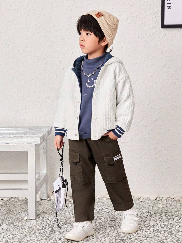 Young Boy Slogan Graphic Striped Trim Hooded Jacket