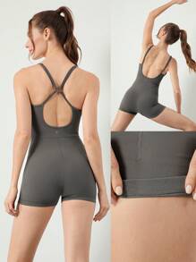 GLOWMODE Body con control de abdomen FeatherFit™, espalda convertible, bolsillos laterales, copas extraíbles, apto para yoga, pilates y uso diario casual, de 2.5" de largo - Gris Oscuro - Ver 8