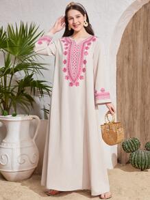 SHEIN Leap Crew Apricot Pattern Print Long Robe, Teen Girls Summer Vacation Wear, Spring/Summer - Apricot - View 5